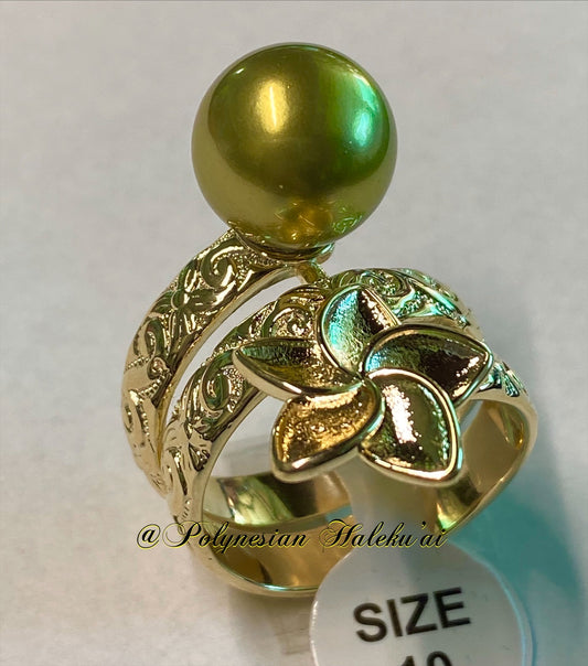 Plumeria Pearl Ring (Green)